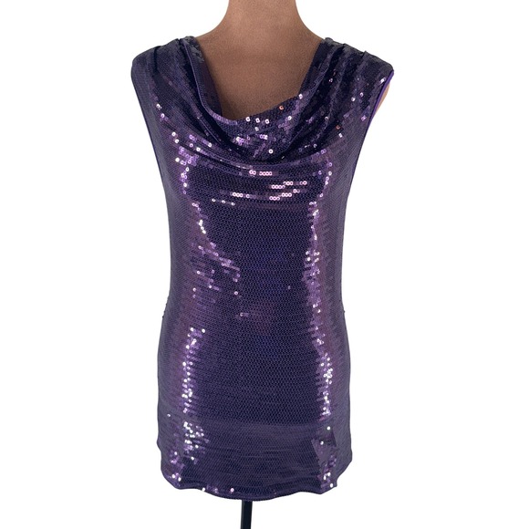 Garcia Plum Purple Sequin Cowl Neck Mini Dress Tunic Small Sleeveless NWOT Fun - Picture 1 of 8